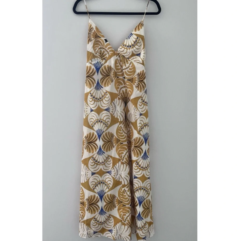 Zara Mustard Print Slip Maxi Dress Boho Resort Vacation Size S - Picture 2 of 7